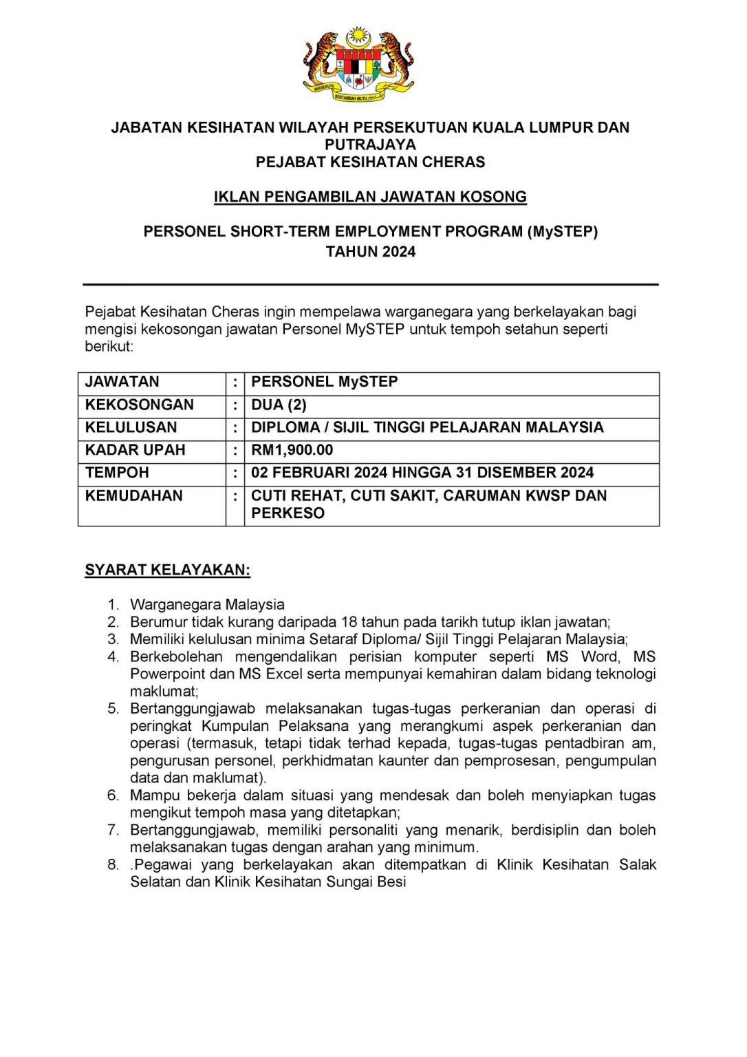 Iklan Jawatan Pejabat Kesihatan Cheras » Jobs Hub