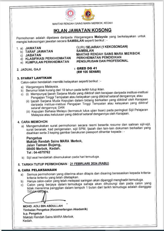 Iklan Jawatan Maktab Rendah Sains Mara (MRSM) Merbok » Jobs Hub