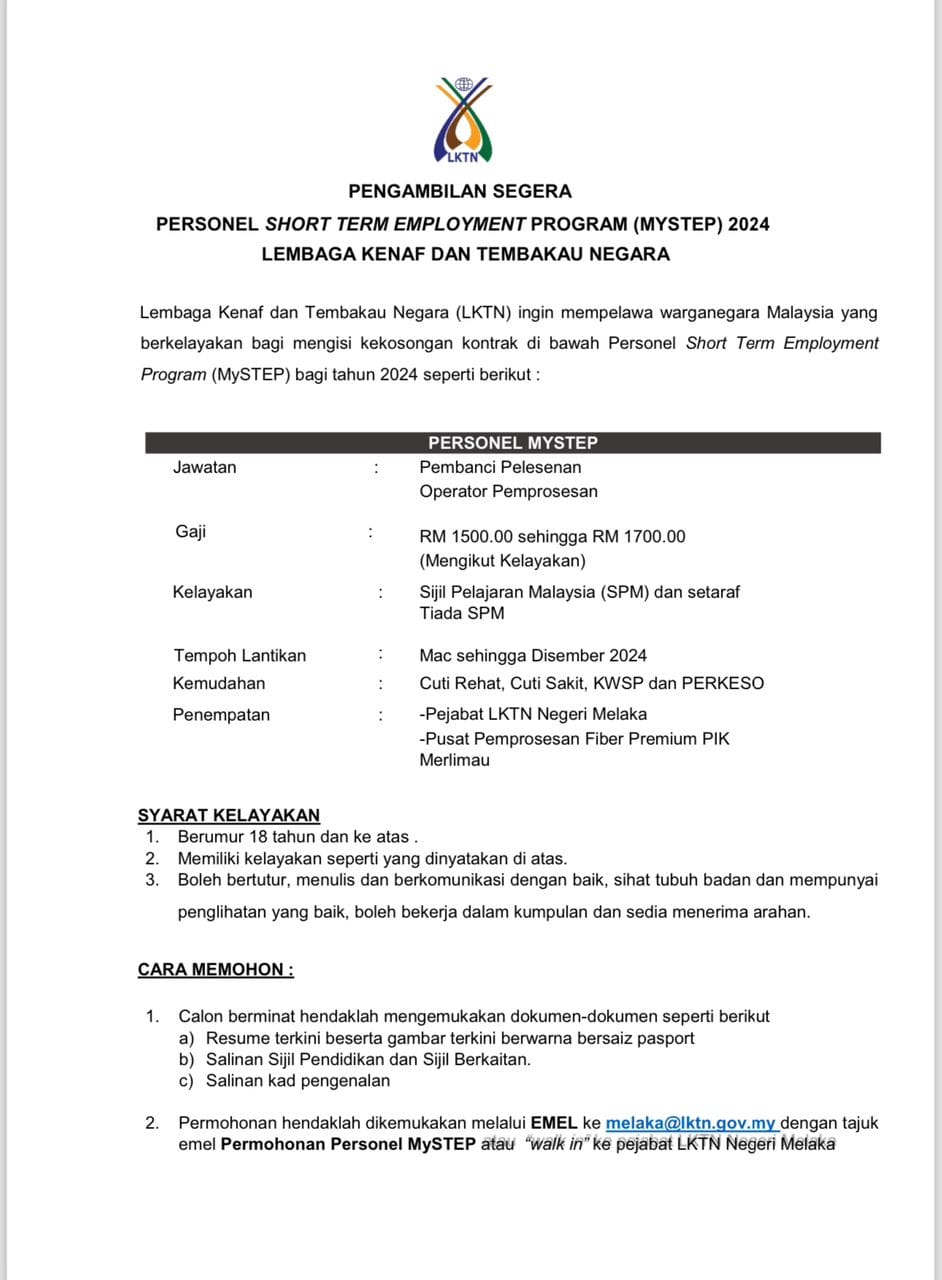 Iklan Jawatan Lembaga Kenaf Dan Tembakau Negara Lktn Jobs Hub