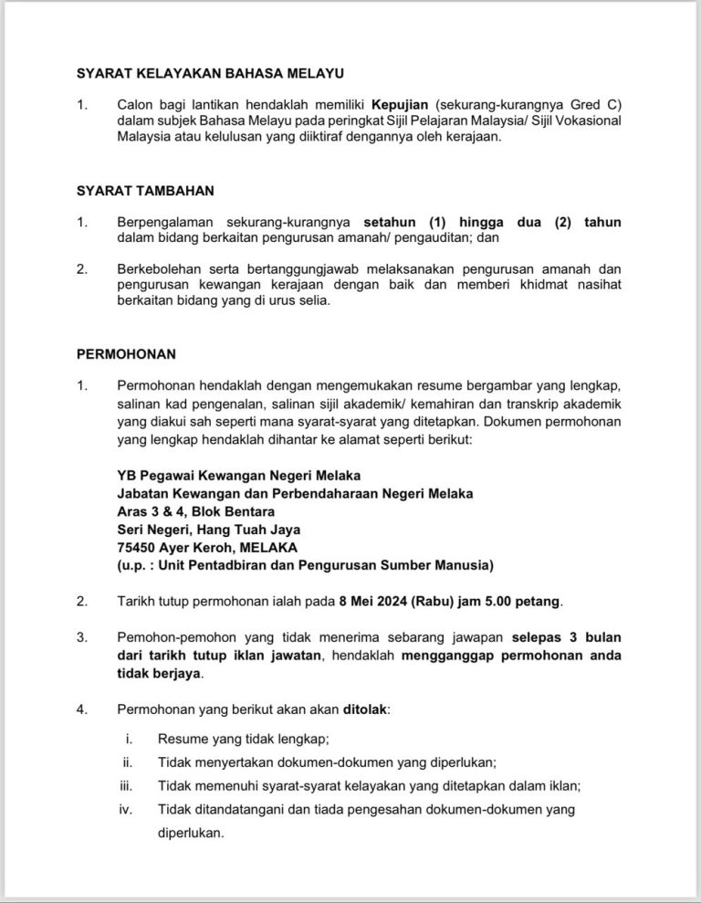 Iklan Jawatan Jabatan Kewangan Dan Perbendaharaan Negeri Melaka Jobs Hub 7989