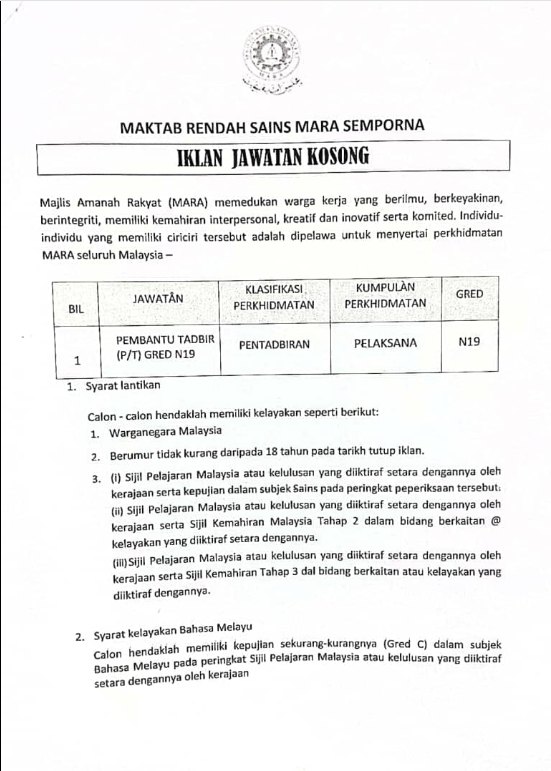 Iklan Jawatan Maktab Rendah Sains Mara Mrsm Semporna Jobs Hub